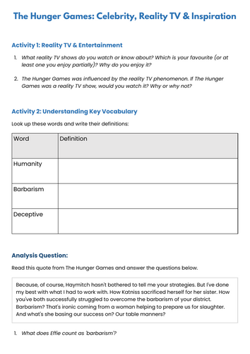 The Hunger Games: Celebrity, Reality TV & Inspiration // Analysis Worksheet (KS3-GCSE)