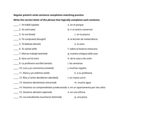 Regular preterit verbs sentence completion matching practice