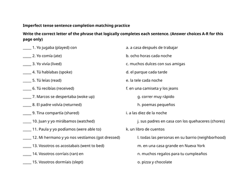 Imperfect tense sentence completion matching practice