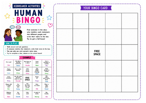 Human Bingo Worksheet | Back to School Icebreaker Game | Team Building Activity | KS2 KS3