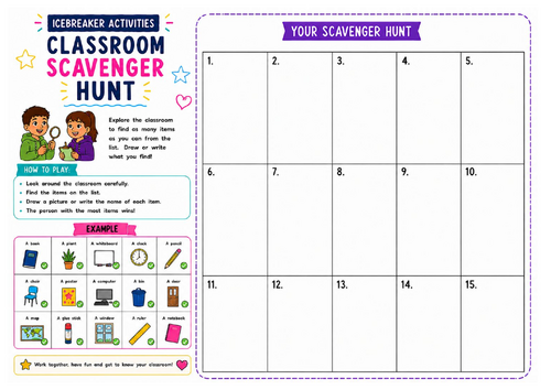 Classroom Scavenger Hunt Worksheet | Icebreaker Activity | Back to School | KS2 KS3