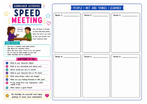 Speed Meeting Worksheet | Student Conversation Activity | Icebreaker | KS2 KS3