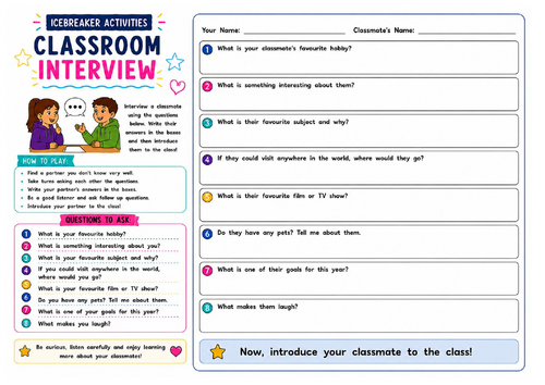 Classroom Interview Worksheet | Partner Interview Activity | Back to School | KS2 KS3