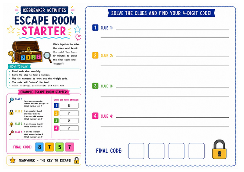 Escape Room Starter Worksheet | Team Problem Solving Activity | KS2 KS3