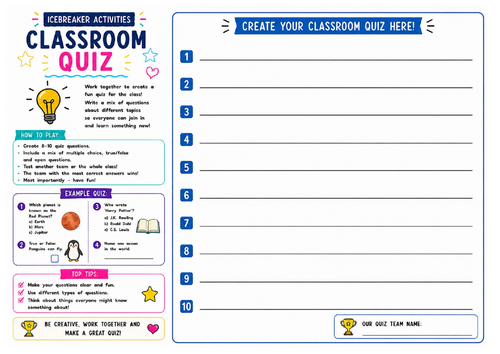 Classroom Quiz Worksheet | Team Quiz Activity | Back to School Icebreaker | KS2 KS3