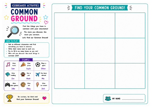 Common Ground Worksheet | Team Building Icebreaker | Getting to Know You Activity | KS2 KS3