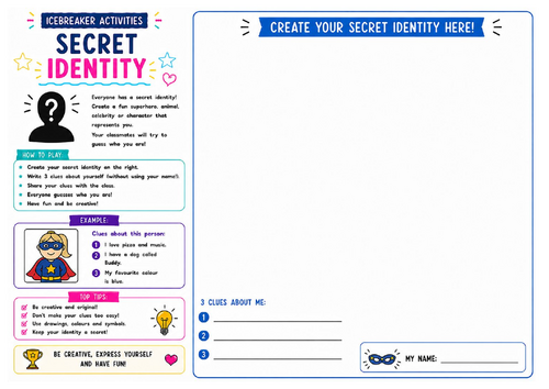 Secret Identity Worksheet | Guess Who Activity | Back to School Icebreaker | KS2 KS3