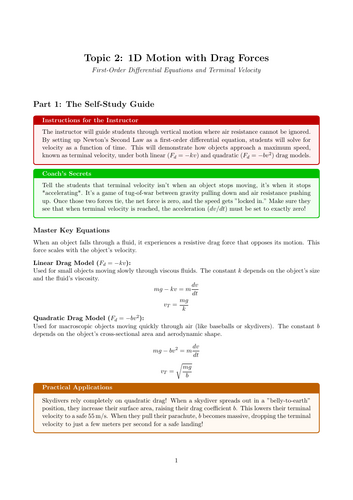 A-Level Physics Cover Work: 1D Motion with Drag Forces
