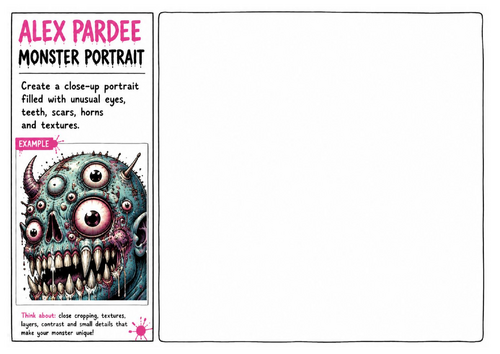Alex Pardee Worksheet 3 – Monster Portrait | Creepy Creature Close-Up | Character Illustration Works