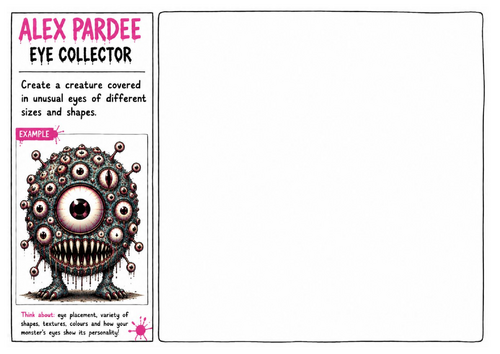 Alex Pardee Worksheet 8 – Eye Collector | Monster Eyes Drawing Challenge | Character Design Workshee