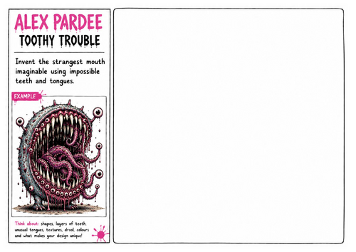 Alex Pardee Worksheet 9 – Toothy Trouble | Monster Mouth Design | Creepy Character Illustration