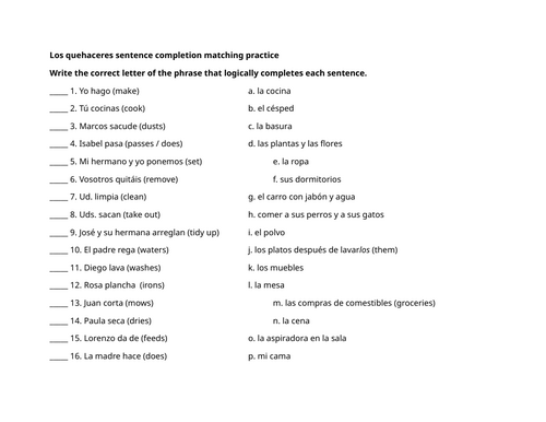 Los quehaceres sentence completion matching practice