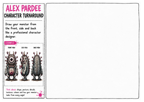 Alex Pardee Worksheet 17 – Character Turnaround | Professional Character Design | Front, Side & Back