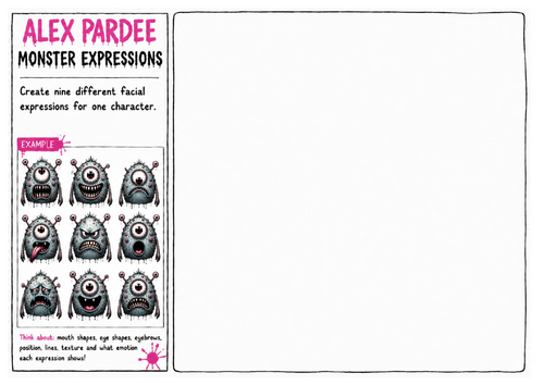 Alex Pardee Worksheet 18 – Monster Expressions | Facial Expression Drawing Challenge | Character Ill