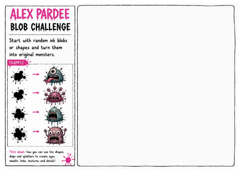 Alex Pardee Worksheet 20 – Blob Challenge | Ink Blob Monster Drawing | Creative Imagination Activity