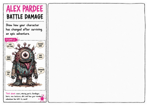 Alex Pardee Worksheet 21 – Battle Damage | Character Development | Monster Storytelling Worksheet