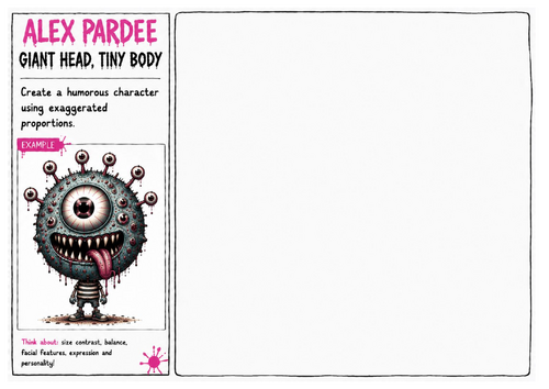 Alex Pardee Worksheet 22 – Giant Head, Tiny Body | Exaggerated Cartoon Character Design | Art Worksh