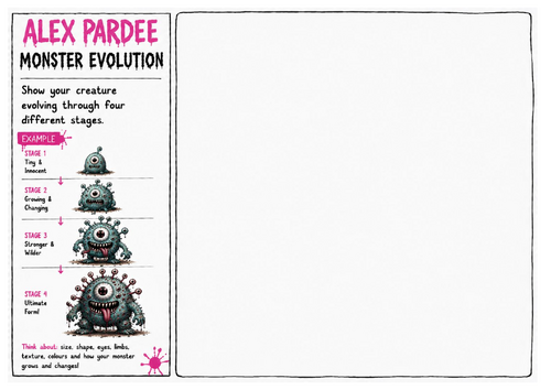 Alex Pardee Worksheet 24 – Monster Evolution | Creature Growth Stages | Character Design Activity