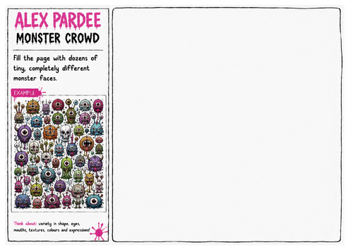 Alex Pardee Worksheet 27 – Monster Crowd | Monster Face Drawing Challenge | Character Design Workshe
