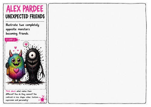 Alex Pardee Worksheet 28 – Unexpected Friends | Monster Storytelling | Creative Character Illustrati