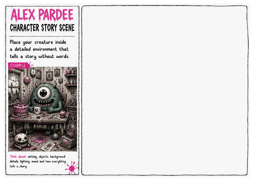 Alex Pardee Worksheet 29 – Character Story Scene | Environmental Storytelling | Monster Illustration