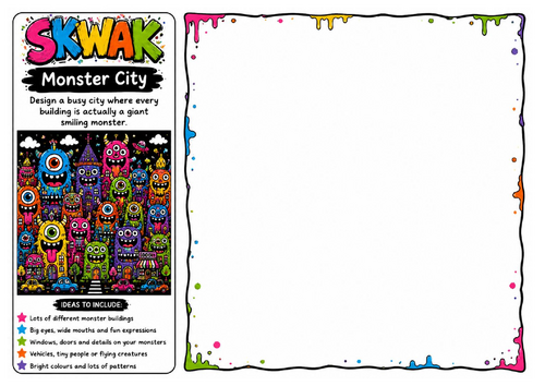 Monster City | Skwak Inspired Cartoon Drawing Worksheet | Creative Character Design Activity