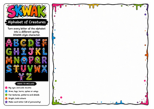 Alphabet of Creatures | Skwak Inspired Letter Character Drawing Worksheet | Creative Typography