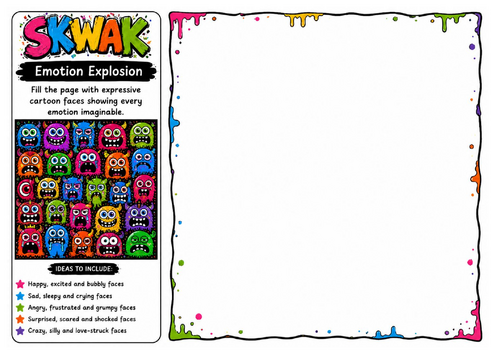 Emotion Explosion | Skwak Inspired Expressive Face Drawing Worksheet | Cartoon Character Activity