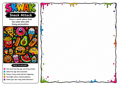 Snack Attack | Skwak Inspired Food Character Drawing Worksheet | Funny Cartoon Illustration