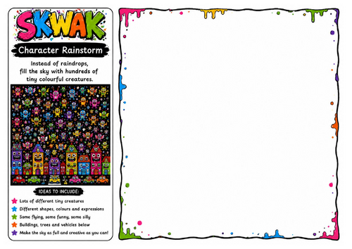Character Rainstorm | Skwak Inspired Creature Drawing Worksheet | Cartoon Illustration Challenge