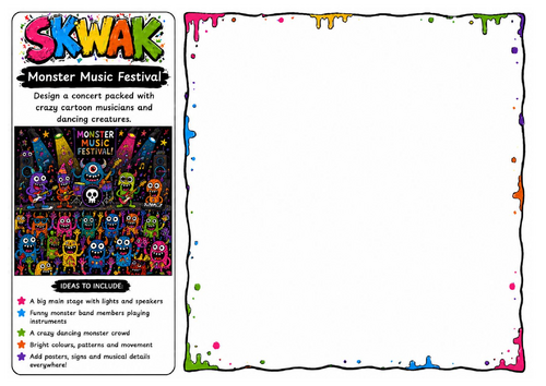 Monster Music Festival | Skwak Inspired Cartoon Concert Drawing Worksheet | Creative Art Activity