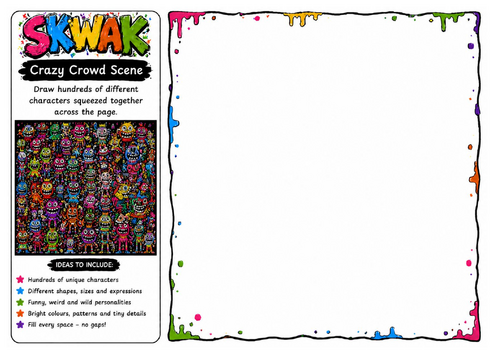 Crazy Crowd Scene | Skwak Inspired Character Drawing Worksheet | Cartoon Crowd Illustration
