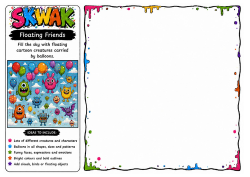Floating Friends | Skwak Inspired Balloon Character Drawing Worksheet | Cartoon Art Activity