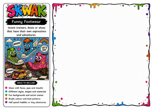 Funny Footwear | Skwak Inspired Cartoon Shoe Drawing Worksheet | Creative Character Design