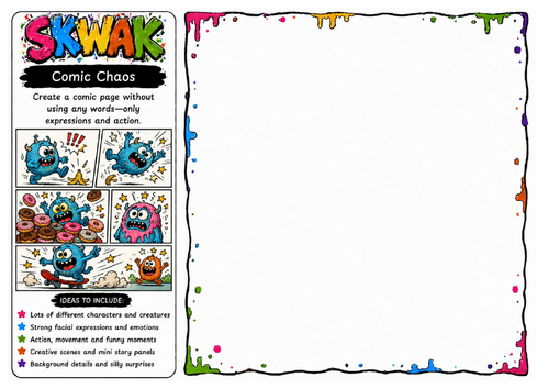 Comic Chaos | Skwak Inspired Comic Strip Drawing Worksheet | Wordless Storytelling Activity