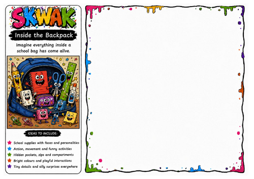Inside the Backpack | Skwak Inspired Cartoon Object Drawing Worksheet | Creative School Art Activity