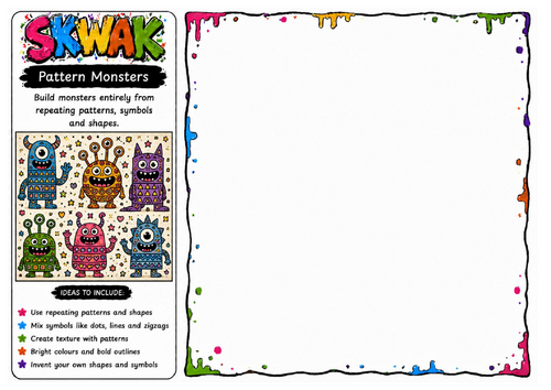 Pattern Monsters | Skwak Inspired Pattern Drawing Worksheet | Creative Monster Design Activity