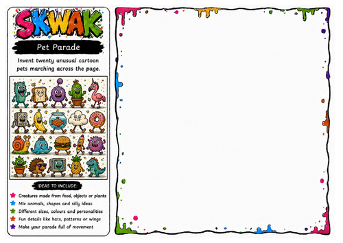 Pet Parade | Skwak Inspired Cartoon Pet Drawing Worksheet | Creative Creature Design