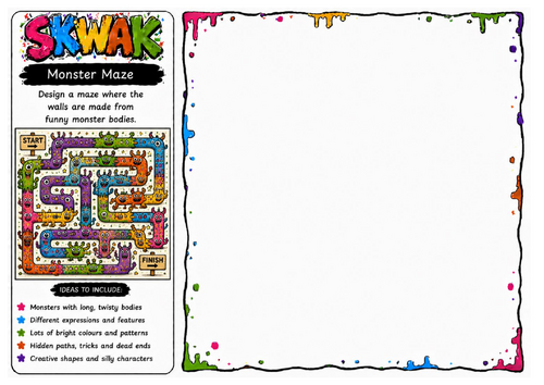 Monster Maze | Skwak Inspired Maze Drawing Worksheet | Creative Cartoon Design Activity