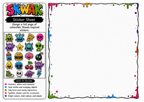 Sticker Sheet | Skwak Inspired Sticker Design Worksheet | Cartoon Character Illustration Activity