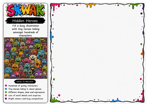 Hidden Heroes | Skwak Inspired Search and Draw Worksheet | Creative Crowd Illustration