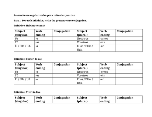Present tense regular verbs quick refresher practice