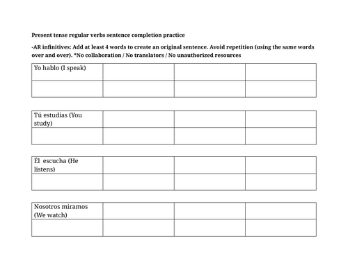 Present tense regular verbs sentence completion practice