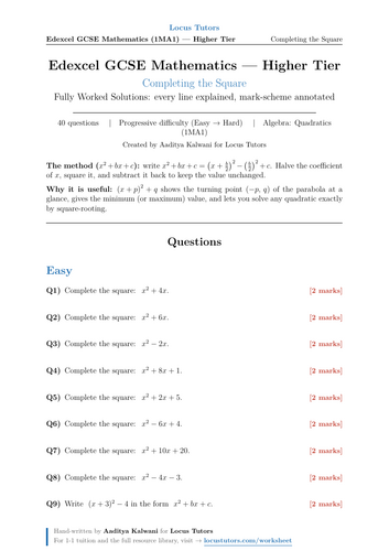 Completing the Square | 40 Worked Examples | Edexcel GCSE Higher Maths