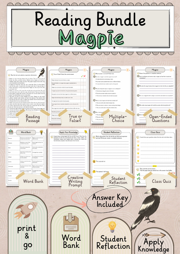 Magpie Premium Reading Comprehension Activities Bundle with Word Bank