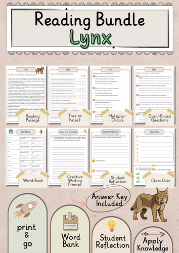 Lynx Premium Reading Comprehension Activities Bundle with Word Bank