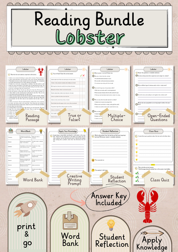 Lobster Premium Reading Comprehension Activities Bundle with Word Bank