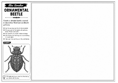 Ornamental Beetle | Alex Konahin Inspired Pen & Ink Worksheet | Detailed Pattern Drawing Activity |