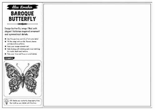 Baroque Butterfly | Alex Konahin Inspired Butterfly Drawing Worksheet | Decorative Pattern Art | KS3
