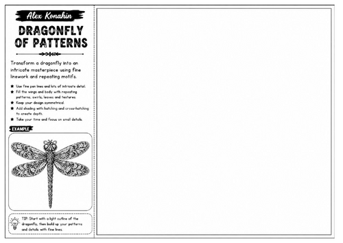 Dragonfly of Patterns | Alex Konahin Inspired Fine Line Drawing Worksheet | KS3 KS4 Art